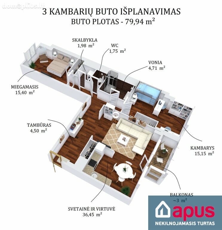 Parduodamas 3 kambarių butas Vilniuje, Pašilaičiuose, Perkūnkiemio g.