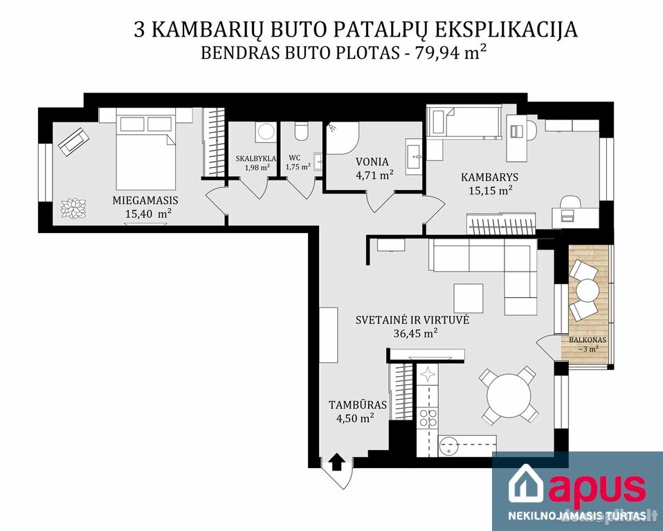 Parduodamas 3 kambarių butas Vilniuje, Pašilaičiuose, Perkūnkiemio g.