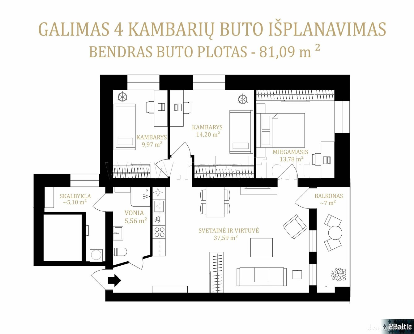 Parduodamas 4 kambarių butas Vilniuje, Šnipiškėse, Krokuvos g.