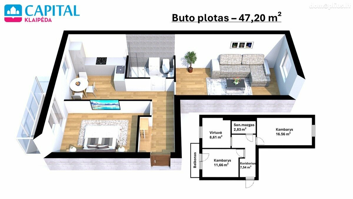 Parduodamas 2 kambarių butas Klaipėdoje, Vėtrungėje, Birutės g.