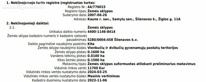 Parduodamas sklypas Kauno rajono sav., Šlienavoje, Žiglos g.
